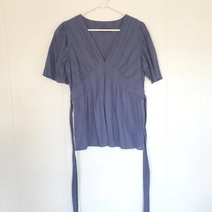 ANA Womens Top Shirt size Medium Cotton Chambray Blue Soft Tie back Short Sleeve